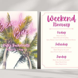 Beach Bachelorette Girls Trip Invitation customizable invite, party, club, miami, Tropical, Girls Trip, palm tree, neon, Bride, Itinerary