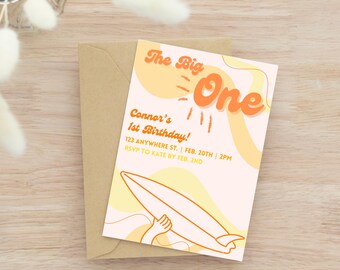 The Big One First Birthday Surf Invitation, Canva, Shaka, Surfboard, boys birthday, girls birthday, beach, cool, surfs up, ocean, retro, 80s