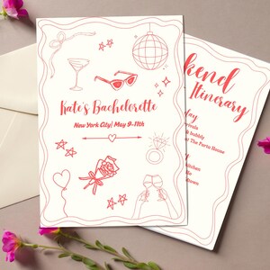 May include: A white card with red text and illustrations. The card says "Kate's Bachelorette" and "New York City | May 9-11th". The card also has illustrations of a disco ball, a cocktail glass, sunglasses, a ring, a rose, and two champagne glasses.