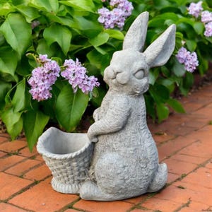 May include: A grey concrete rabbit statue holding a woven basket planter. The bunny is kneeling with its ears upright, set against a backdrop of green foliage and purple flowers. The statue is on a brick patio.