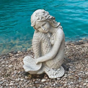 Detailed mermaid girl sitting on rock, Mermaid sitting on shell, Fairy cement decoration, Ocean girl figurine, Outdoor garden art