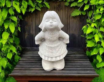 Standing girl, Kissing kid, Kid figure, Stone kid figurine, Outdoor garden statuary, Girl in dress, Outdoor kid
