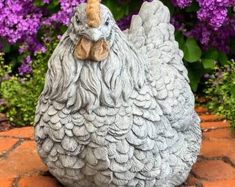 Hen chicken statue, Detailed chicken sculpture, Stone garden art, Farm bird sitting figure, Cement backyard or patio figurine, Concrete art