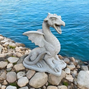 Sitting dragon statue, Stone dragon figurine, Concrete fairy animal figure, Detailed Asian garden decoration, Oriental cement art