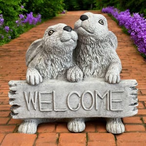 Bunnies welcome garden figure, Two rabbits welcome figurine, Front door statue, Concrete animals decoration, Cute pair of rabbits, Lawn art