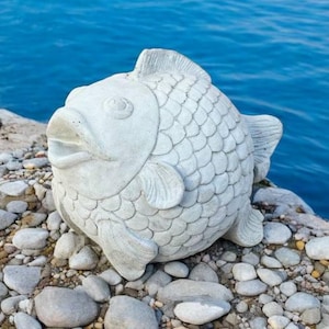 Bubba fish statue, Fat fish figurine, Ocean fish figure, Concrete garden art, Cement decoration for backyard, Stone marine animal sculpture