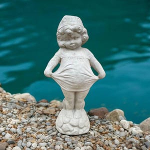 Cute girl statue, Beautiful girl standing on rock figurine, Cement garden decoration, Kid figure, Girl in dress sculpture, Concrete art