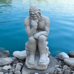 Thinking Bigfoot figure, Large sitting Bigfoot sculpture, Bigfoot on rock figurine, Cement backyard decoration, Outdoor snowman