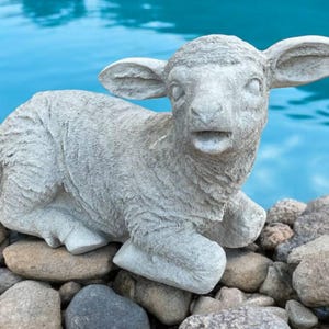 Laying lamb statue, Sheep with open mouth sculpture, Farm animals figurine, Farmhouse stone decoration, Ears up lamb figure for gift