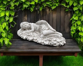 Fairy girl, Girl on ivy bed, Sleeping Pixie, Stone girl, Garden sculpture, Cement figurine, Outdoor decoration, Fairy girl with wings