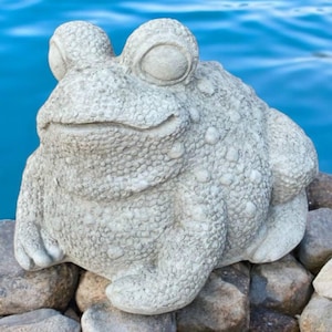 May include: A detailed, gray stone frog statue with a textured surface and large, round eyes. The frog is sitting on a bed of rocks, with a blue water background. This garden statue adds a whimsical touch to outdoor spaces.