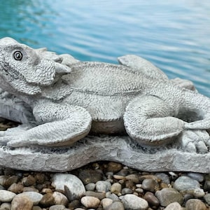 Concrete lizard on base statue, Realistic wild lizard sculpture, Stone art, Garden decoration for patio or backyard, Yard animals gift