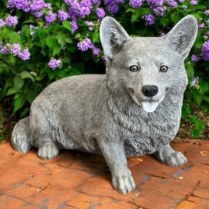Concrete Corgi dog statue, Detailed Corgi figurine, Dog memorial sculpture, Cement garden decoration, Yard art, Open mouth Corgi figure