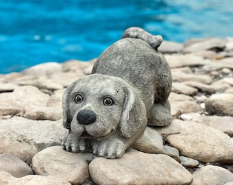 Crouching puppy statue, Playful dog figure, Puppy sculpture, Outdoor garden art, Pet lovers gift, Concrete puppy statuary