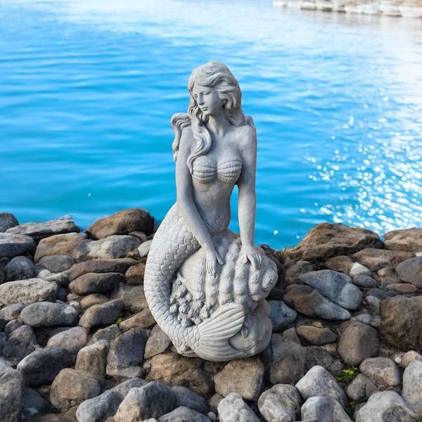 Sitting mermaid on shell statue, Large mermaid figure, Stone sculpture, Concrete mermaid figurine, Fairy garden decoration, Garden gift idea