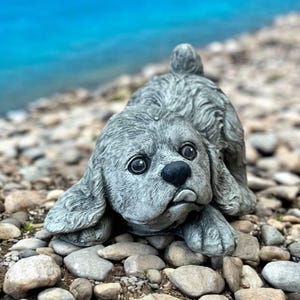 Laying puppy Cocker Spaniel yard figure, Concrete dog garden statue, Stone pet with tongue sculpture, Outdoor Cocker dog memorial decoration