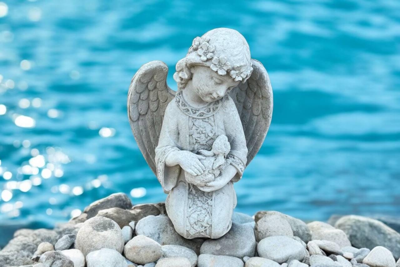 Angel Holding Rabbit Kneeling Cherub With Bunny Statue, Angel Holding Rabbit Figurine ...