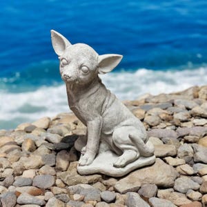 Chiot chihuahua assis sur une statue de base, chiot chihuahua en pierre, figurine commémorative de chien, cadeau pour les amoureux des chiens, sculpture détaillée de chien chihuahua