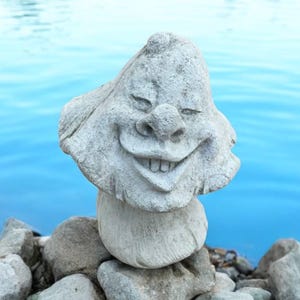 Happy mushroom face figure, Fairy backyard decoration, Easter stone decoration, Detailed toadstool sculpture, Garden mushroom statue