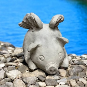 When pigs can fly, Yard figure, Flying pig sculpture, Concrete animals, Laying pig with wings statue, Farmhouse animal, Stone decor