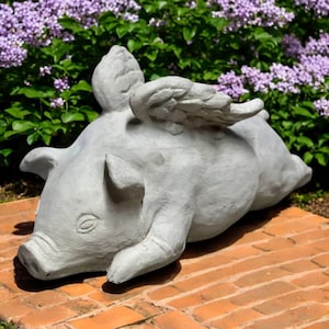 Laying pig with wings statue, Flying pig sculpture, Outdoor stone decoration, Farm piglet statuary, Concrete pig figure, Farmhouse style