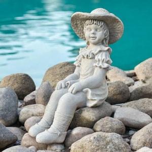 Sitting girl concrete figure, Detailed sitting kid sculpture, Cement person statuary, Massive girl figurine, Outdoor yard child decoration