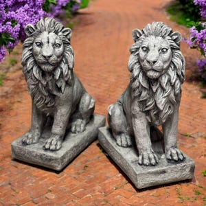 Concrete pair of lions, Stone statuary, Left and right lion sculptures, Painted lions statue, Two lions on post, Guardian animals figurine