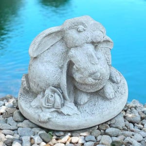 Concrete flower bunnies statue, Rabbits on base figure, Stone backyard decoration, Two bunnies figurine, Easter porch decor, Animals lovers