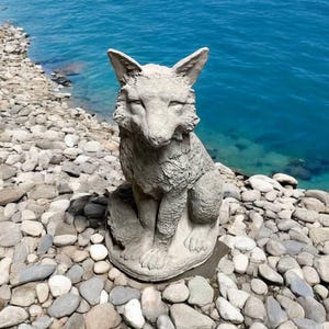 Large fox sitting on base figure, Cement fox statue, Stone garden animals decoration, Fox figurine, Wild animal, Forest fox sculpture