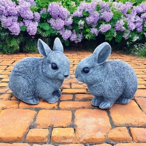 Two rabbits figurines, Pair of bunnies with ears up, Porch statues, Small rabbits sculpture, Painted animals, Two concrete bunnies decor