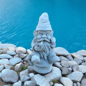 Gnome with pipe statue, Gnome cement figure, Sitting troll sculpture, Detailed dwarf statuary, Concrete garden decor, Stone backyard art