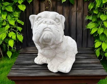 Looking up Bulldog, Bulldog sculpture, Stone dog, Dog figurine, Cement puppy, Winkled dog, Stone dog figurine