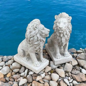 Concrete pair of lions figure, Couple of wild lions, Two lions sitting on base sculpture, Detailed guardian lions, Front door decoration