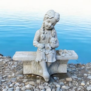 Jump rope girl, Kid on base figure, Sitting girl holding cat, Child with kitten, Girl on bench sculpture, Backyard cement decoration