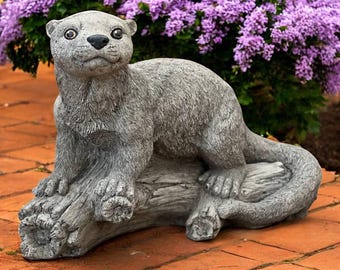 Concrete otter standing on tree, Climbing otter sculpture, Cement animals garden decoration, Stone otter figure, Porch cement statue
