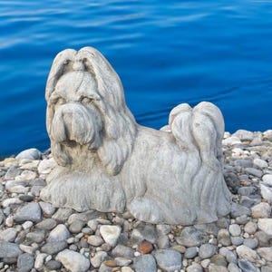Realistic Shih Tzu puppy with bow in hair figure, Shih Tzu dog memorial, Stone yard art, Cement dog, Puppy statuary, Laying Shih Tzu