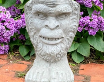 Bigfoot winter sculpture, Cement yard planter figurine, Flowers pot for patio or garden, Backyard statuary, Bigfoot bust pot