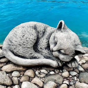 Cat on side figure, Concrete cat statue, Pet grave gift, Kitten memorial, Cute cat sculpture, Painted cat sculpture, Sleeping pet rock