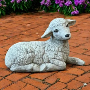 Laying sheep figure, Outdoor garden lamb, Cement statue, Painted lamb, Farmhouse sheep statuary, Baby sheep, Stone lamb sculpture