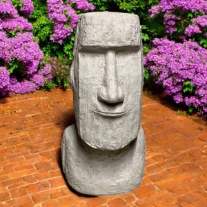 Easter island style figure, Concrete Moai head garden statue, Easter ornament, Moai head stone decoration, Outdoor yard or patio sculpture