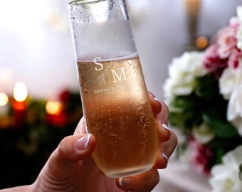 8.5 oz Elegant Glasses, Engraved Champagne Glasses, Personalized Wedding Glasses, Couple Engagement Glasses, Stemless Flute Toasting Glasses