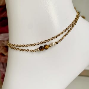 Tiger eye Anklet - gemstone anklet - pearl anklet - gold anklet - beach jewelry - layered ankle bracelet - free shipping