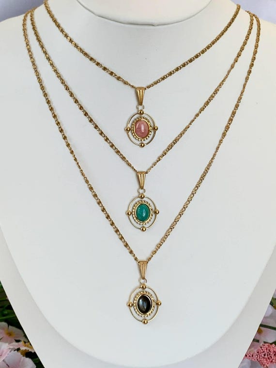 Vintage Style Gemstone Pendant Necklace – 18k Gold Plated or Silver- Amazonite - mother of pearl - rhodonite