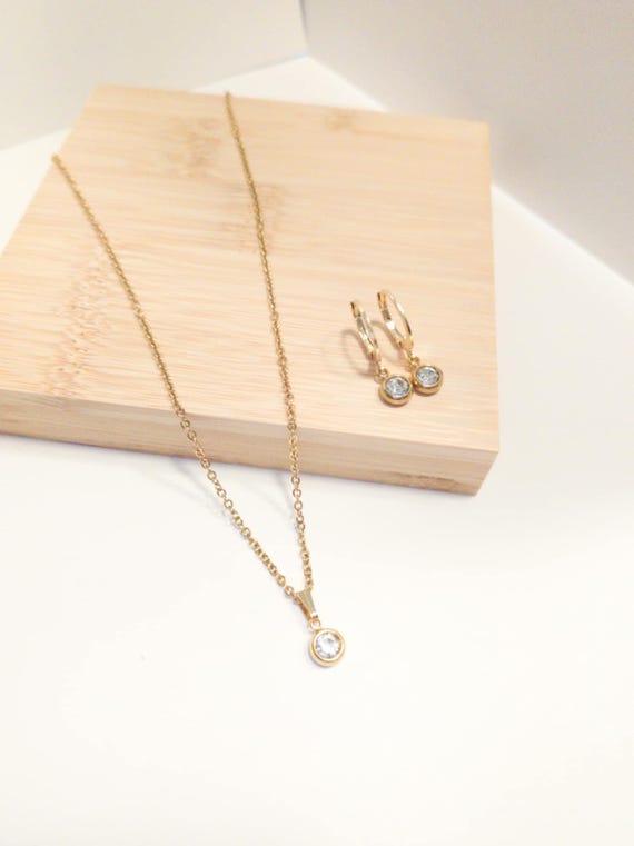 Zirconia Charm Necklace Set - Gold Pendant Necklace - Zirconia Earrings - Statement Jewelry - Solitaire Necklace -