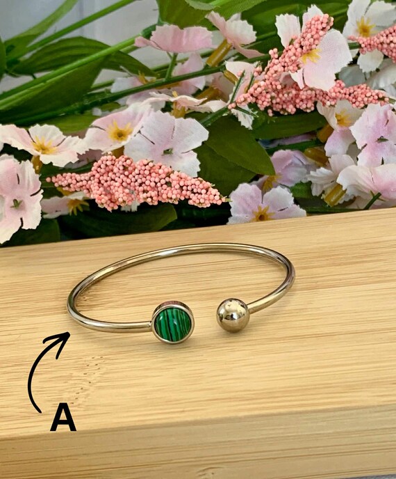 Malachite Cuff Bracelet, Stainless Steel Bangle, Gemstone Jewelry