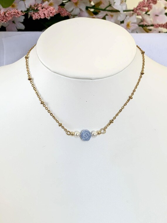 Handmade Flower Charm Necklace – Gold Satellite Chain, Pearl Accents