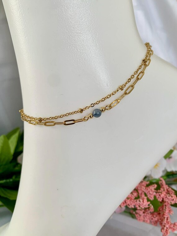 Kyanite Gemstone Anklet - Gold Paperclip Chain Ankle Bracelet