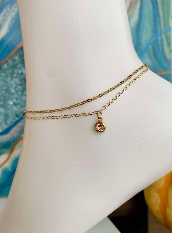 Gold Anklet - Charm ankle bracelet - Diamond and Champagne - Bridesmaid Gift-Anklet Bracelet - Wedding Jewelry-Zircon Anklet - Bridal Shower