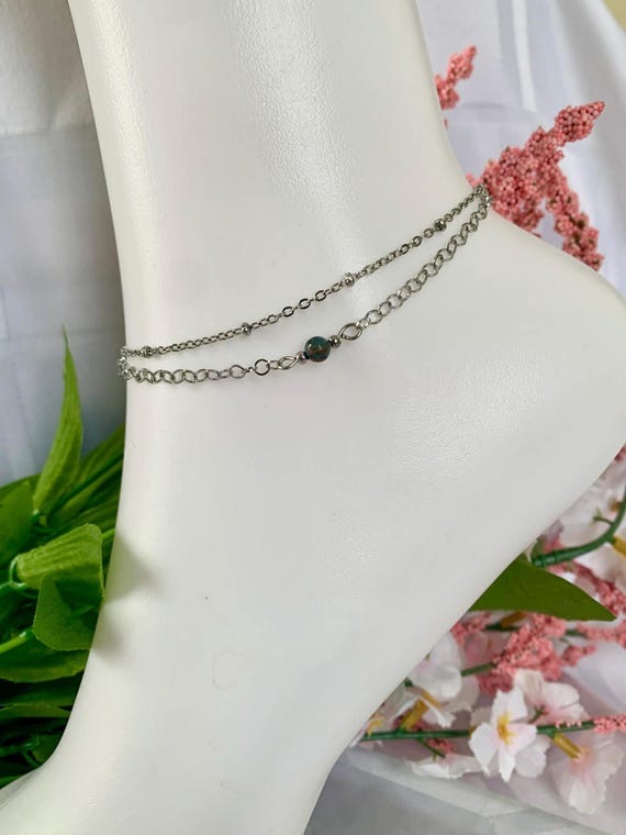 Lake Blue Cloisonné stone - Stainless Steel Ankle Bracelet - Waterproof - Gemstone Anklet - chevilliere - beach Jewerly