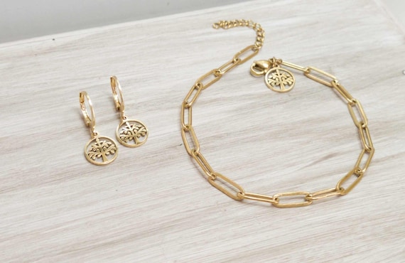 Tree of Life - Bracelet - Earrings - Minimalist Jewelry - Tree of life jewelry - Gold earrings - hypoallergenic earrings - charm bracelet